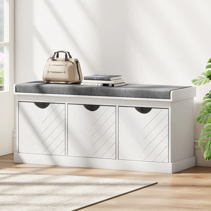 HOMCOM 3-Drawer Padded Shoe Storage Bench with Breathable & Washable Linen-Look Cover, White