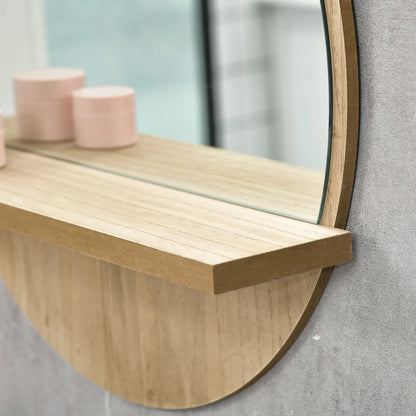 kleankin 45cm Round Home Bathroom Mirror, with Shelf - Natural Wood Effect