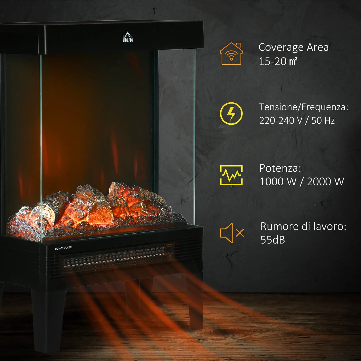 HOMCOM 180° Charming Electric Fireplace Heater, Quiet Freestanding Stove with LED Flame Effect, Overheating Protection, Black