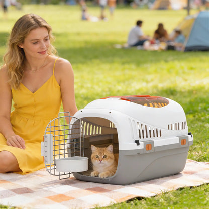 PawHut Plastic Pet Carrier Hard Shell Dog Cat Carrier Max 4 KG Steel Door Feed Bowl, Secure Lock