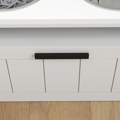 PawHut Raised Dog Bowl with Slow Feeder, Two Stainless Steel Bowls, Drawer for Large & Extra Large Dogs, White