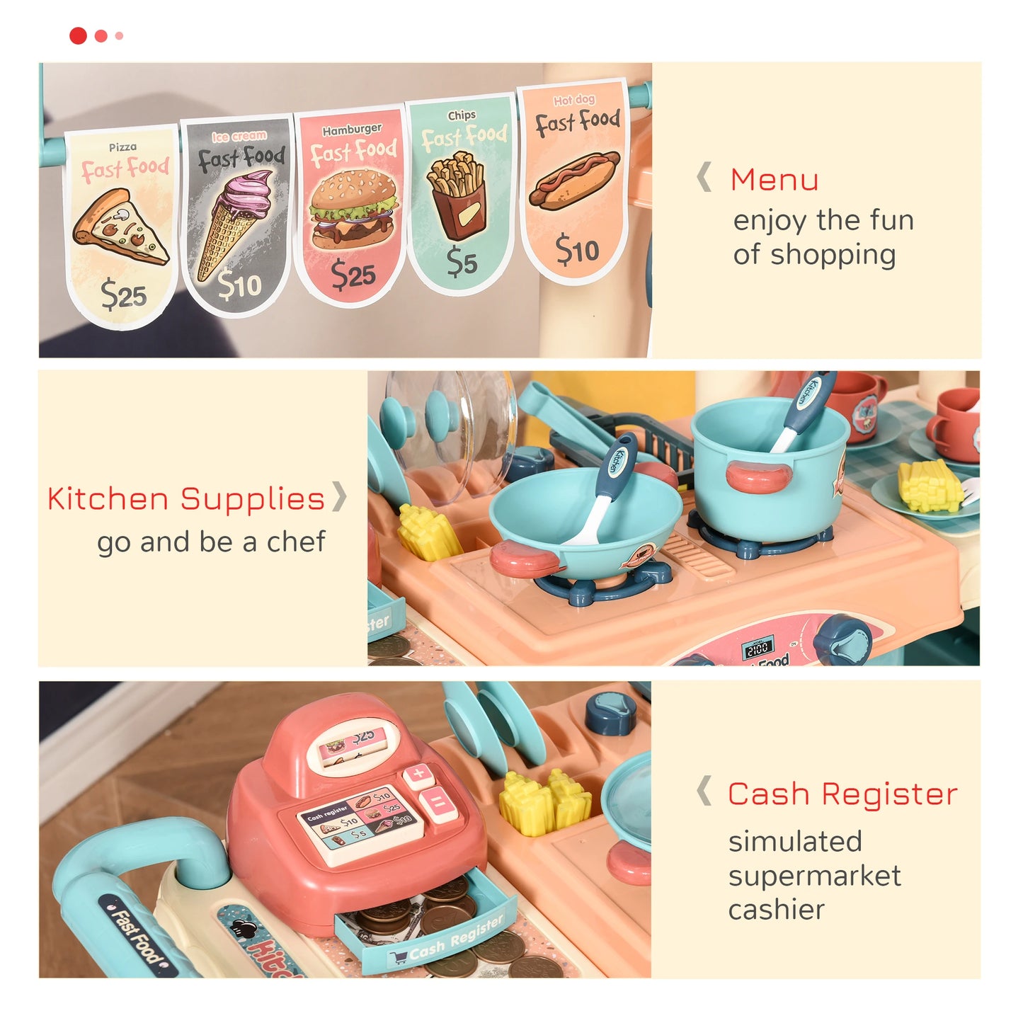 50 Pcs Kids Kitchen Play Set Fast Food Trolley Cart Pretend Playset Toys with Play Food Accessories Gift for Boys Girls Age 3-6