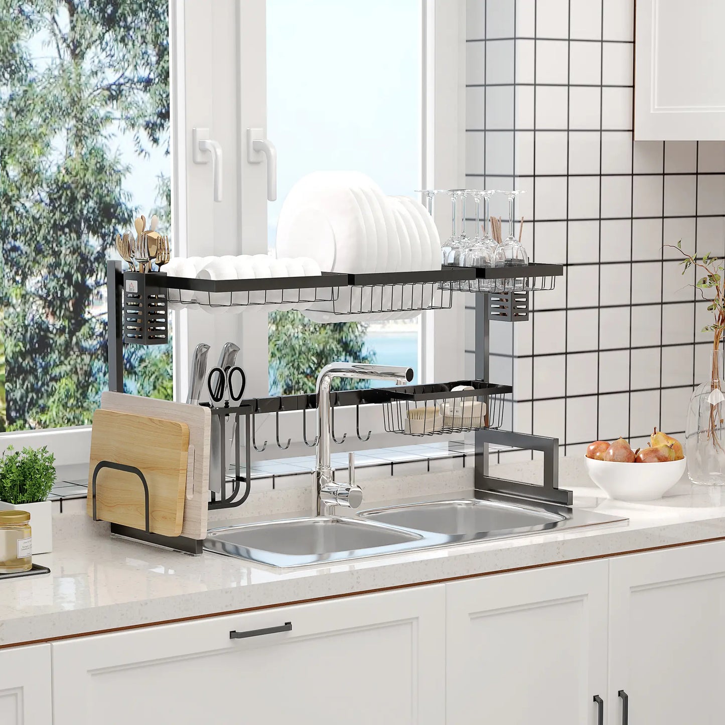 HOMCOM 93cm Kitchen Modular Over-Sink Drying Rack Dish Drainer, Rust-Proof