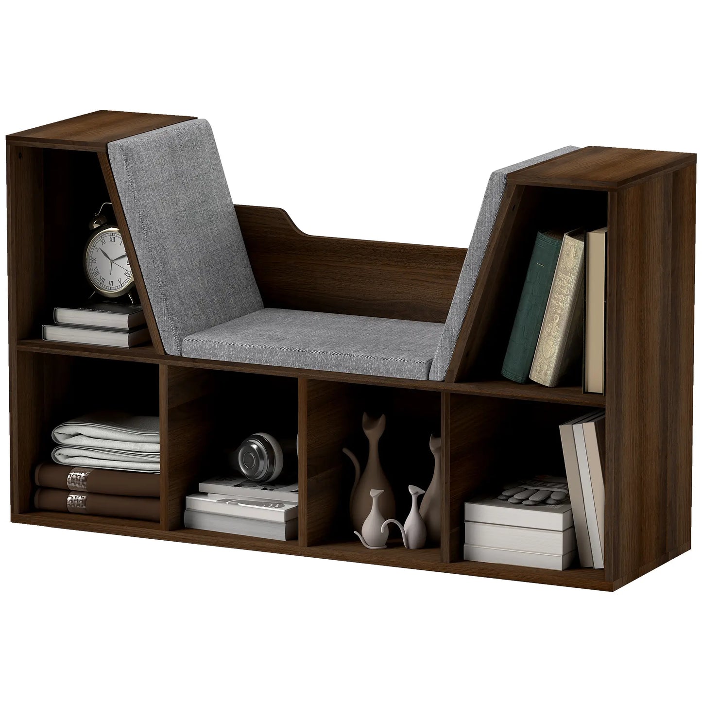 HOMCOM Bookcase Storage Shelf with Cushioned Reading Seat, Cube Bookshelf Organizer for Bedroom Living Room, Chestnut