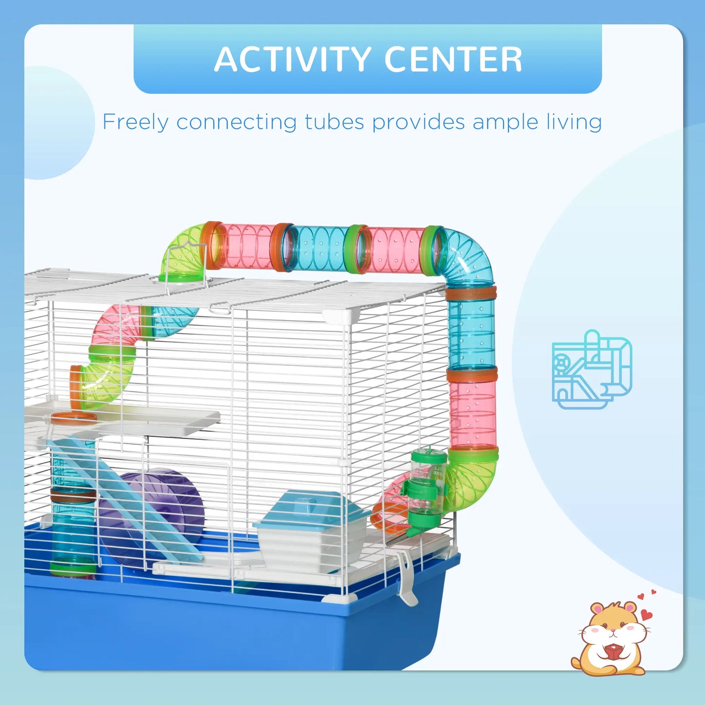 PawHut Hamster Cage, Gerbil Cage 3 Tier for Dwarf Hamster with Tube, Exercise Wheel, Water Bottle, Food Dish - Blue