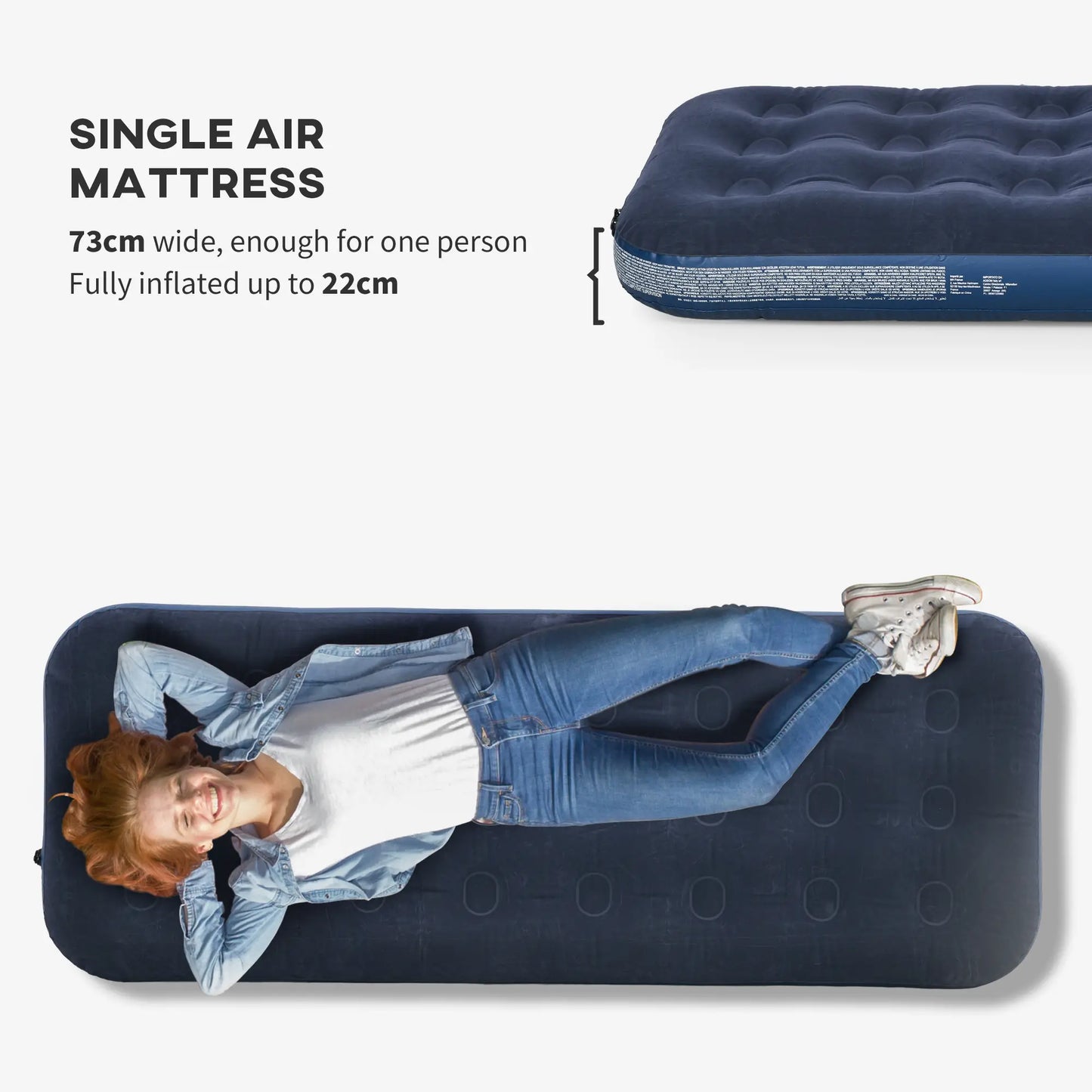 Outsunny Single Air Bed with Hand Pump, Inflatable Mattress & Flocked Surface for Guest, Camping, Travel, Blue