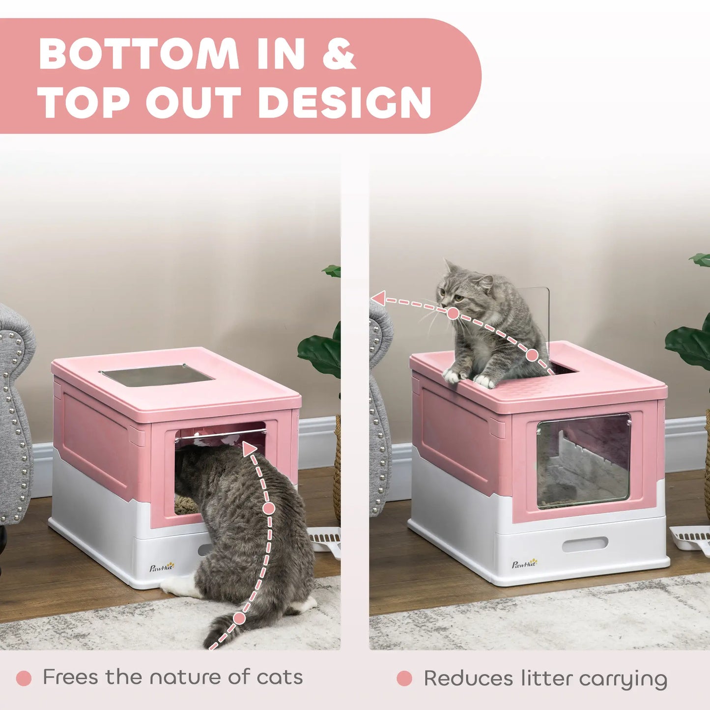 PawHut Hooded Cat Litter Box, Portable Pet Toilet with Scoop, Front Entry - Pink