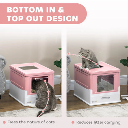 PawHut Hooded Cat Litter Box, Portable Pet Toilet with Scoop, Front Entry - Pink
