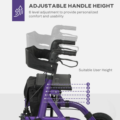 HOMCOM 4 Wheeled Folding Rollator Walker with Seat, Backrest, Lightweight Walking Frame with Dual Brakes, Adjustable Handle Height, Purple