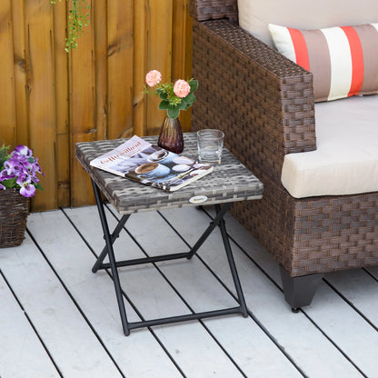 Outsunny Square PE Wicker Weave Rattan Folding Table, Weather Resistant Side Table with Steel Frame, Grey