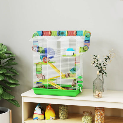 PawHut Hamster Cage, 5 Tier Carrier Habitat with Exercise Wheels Tunnel Tube, Gerbil Cage for Dwarf Mice, Green