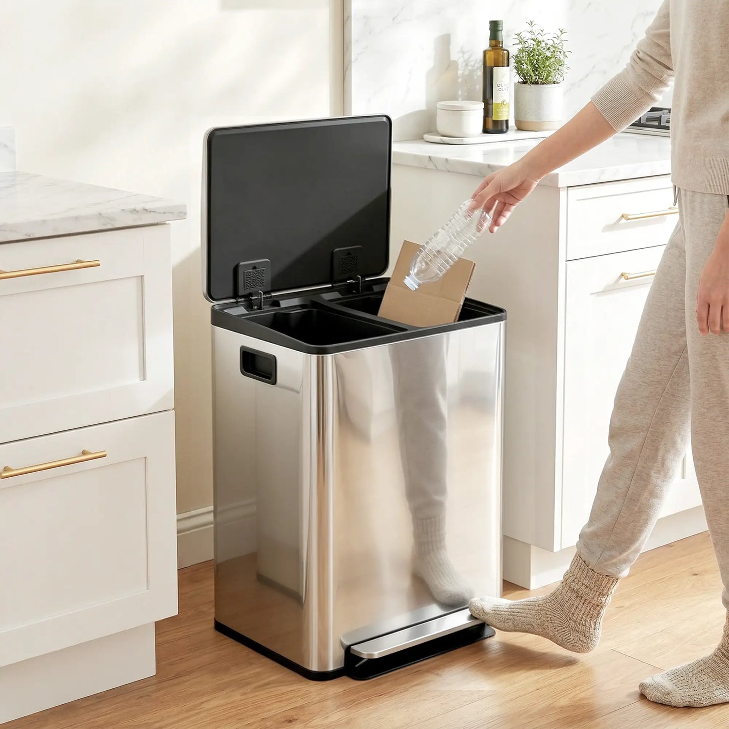 HOMCOM 60L Dual Compartment Stainless Steel Bin with Deodoriser Holders - Silver Tone