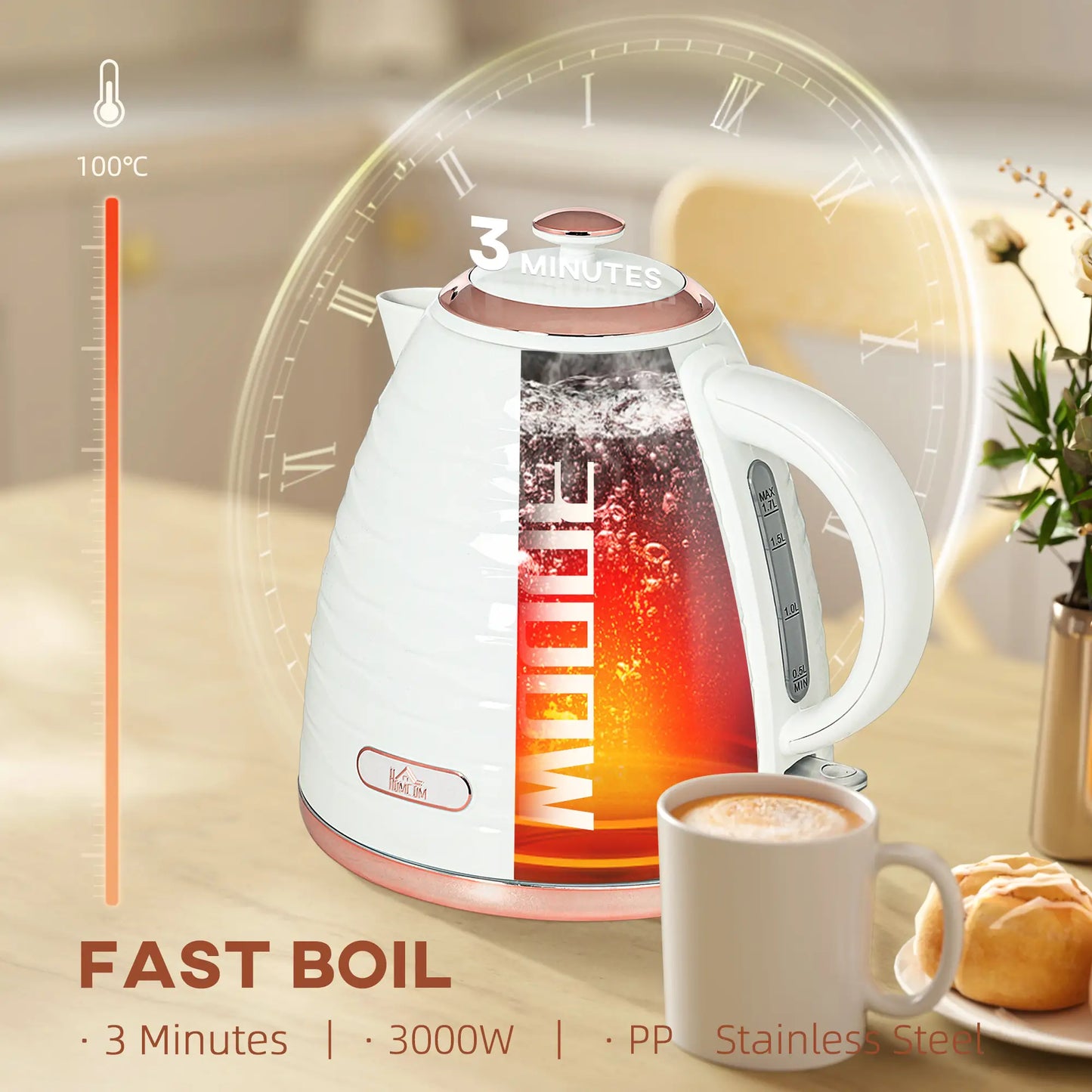 HOMCOM Kitchen 3kW Rapid Fast Boil Honeycomb Kettle - Cream