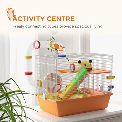 PawHut 3 Tiers Gerbil Cage, Hamster Cage with Tubes, Exercise Wheel, Ladder, Top Handle - Orange