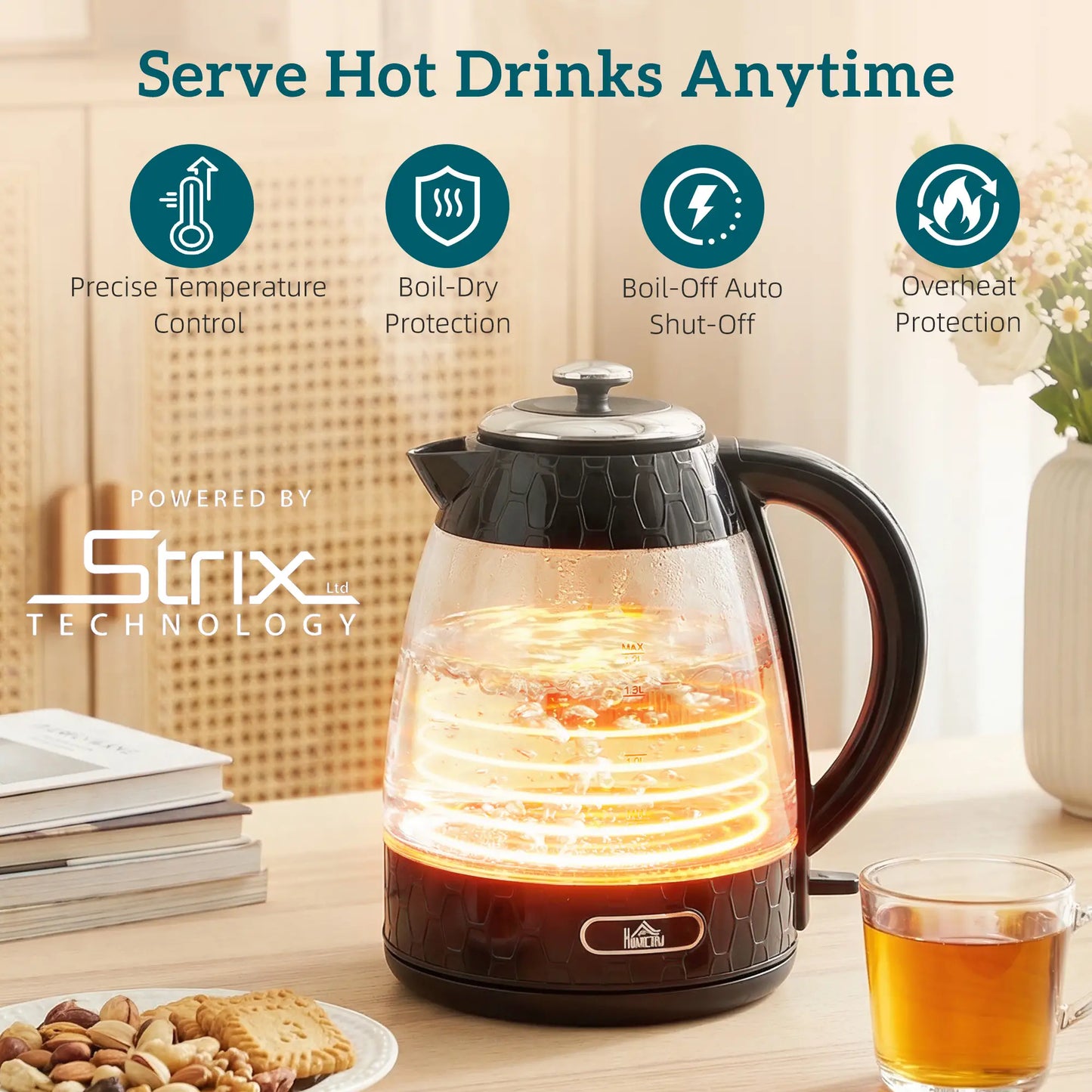 HOMCOM Kettle and Toaster Set, 1.7L 3000W Rapid Kettle with Strix Thermostat, 4 Slice Toaster, Black