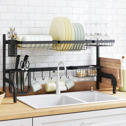 HOMCOM Space Saving 2 Tier Adjustable Dish Drainer Over The Sink Drying Rack