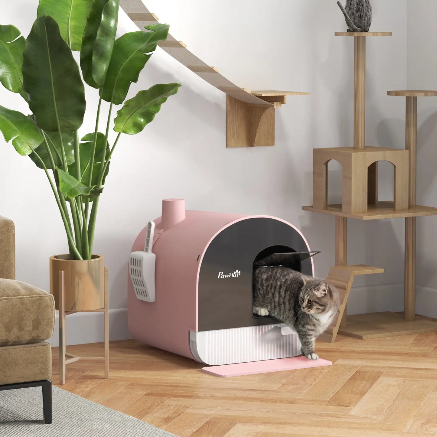 PawHut Hooded Cat Litter Box, Kitten Litter Tray with Lid, Scoop, Filter, Flap Door, Pink