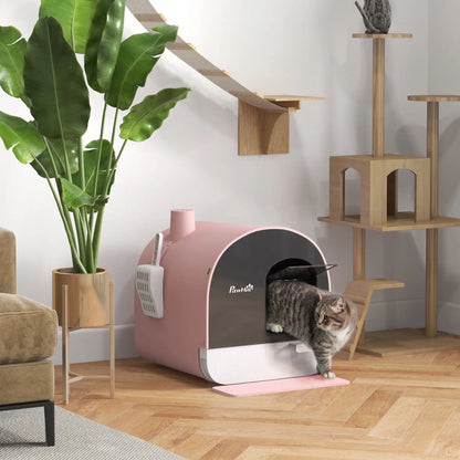 PawHut Hooded Cat Litter Box, Kitten Litter Tray with Lid, Scoop, Filter, Flap Door, Pink