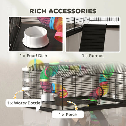 PawHut Two-Tier Hamster Cage with Deep Tray, Tube System, Water Bottle, Ramp, Feeding Bowl, Multicoloured
