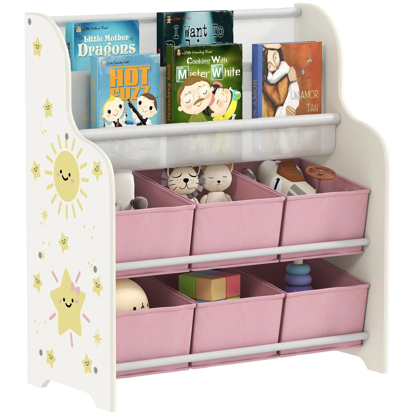 AIYAPLAY Kids Storage Unit, Toy Organiser with 6 Fabric Drawers and 2-Tier Sling Book Rack for Bedroom, Playroom, Pink
