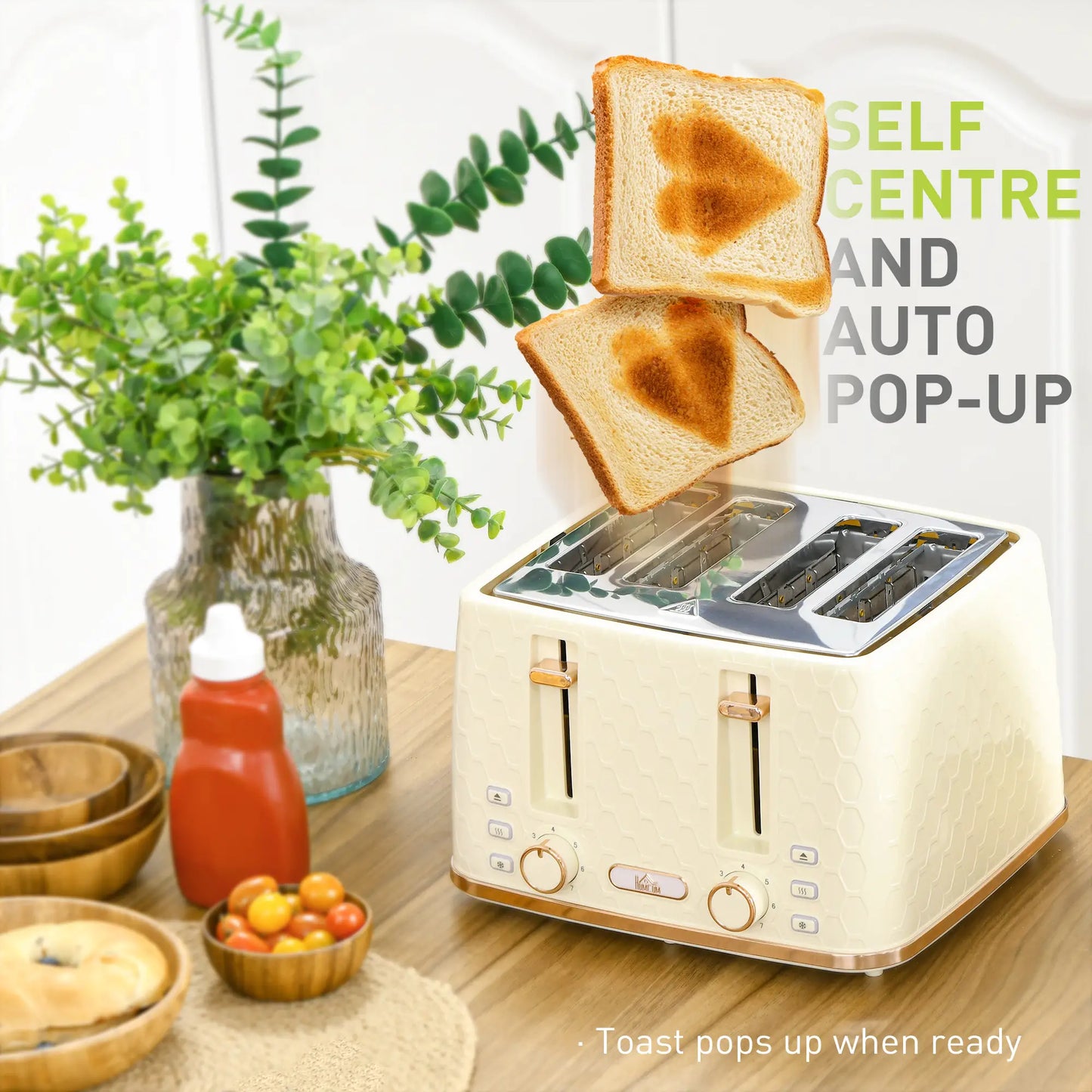 HOMCOM Kettle and Toaster Set, 1.7L 3000W Fast Boil Jug Kettle with Auto Shut Off, 4 Slice Toaster with 7 Level Browning Controls, Beige