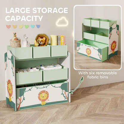 AIYAPLAY Kids Toy Storage Units, 3-Tier Toy Organiser Shelf with 6 Removable Boxes for Kids Playroom, Green