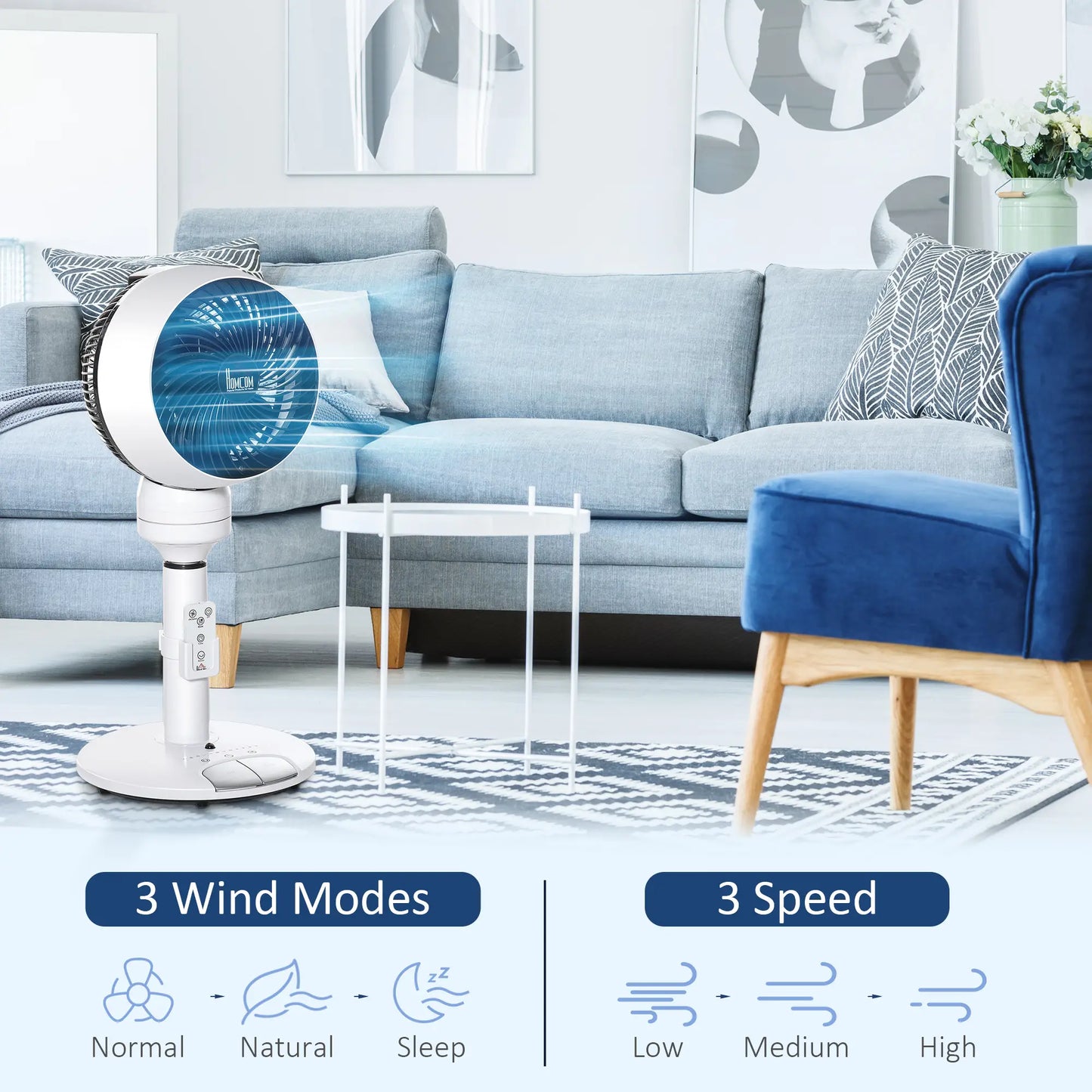 HOMCOM 9'' Air Circulator Fan 3 Speed 3 Mode, 70° Oscillation 90° Vertical Tilt, Height Adjustable, Remote Controller