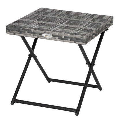 Outsunny Square PE Wicker Weave Rattan Folding Table, Weather Resistant Side Table with Steel Frame, Grey