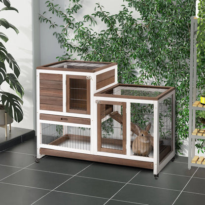 PawHut Two-Tier Rabbit Hutch Pet Cage, with Wheels, Fir Wood Structure - Brown