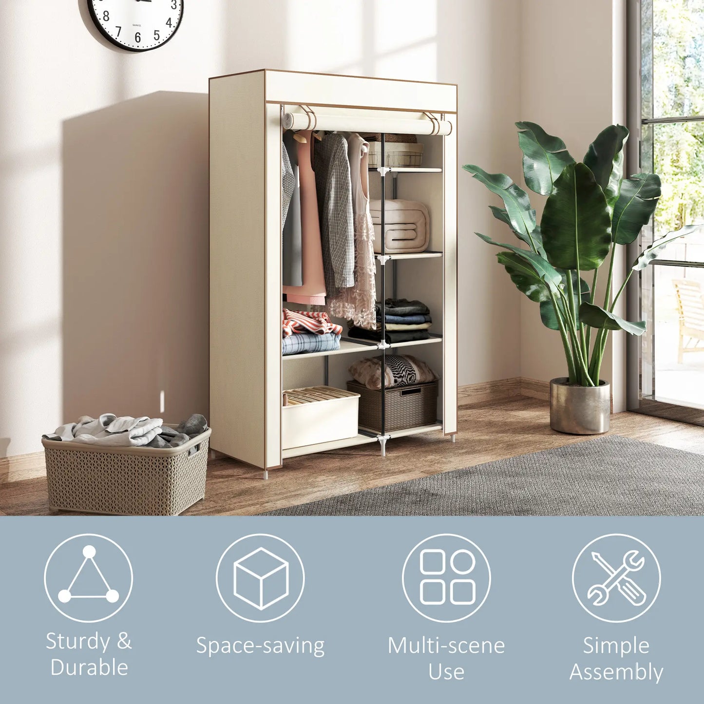 HOMCOM Fabric Wardrobe, Portable Wardrobe with 6 Shelves, 1 Hanging Rail, Foldable Closets, Cream White
