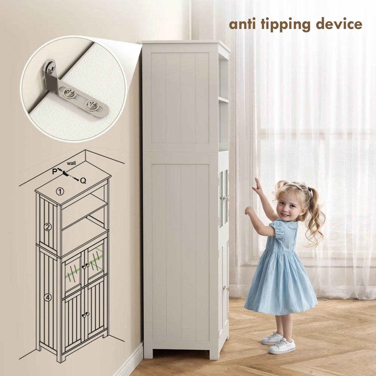 HOMCOM Freestanding Kitchen Cupboard, 4-Door Storage Cabinet with Adjustable Shelf and Glass Doors, White