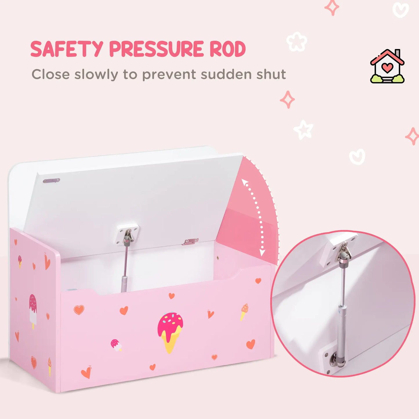 ZONEKIZ 2-in-1 Kids Wooden Storage Chest Bench, Toy Organiser Box w/ Safety Rod - Pink