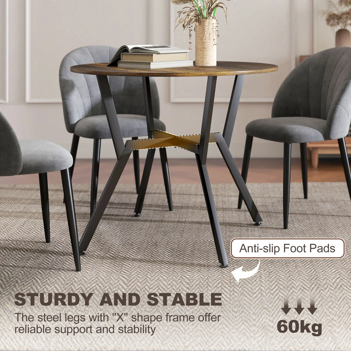 HOMCOM Dining Table, Round Kitchen Table with Anti-Slip Foot Pads for Living Room, Dining Room, Rustic Brown