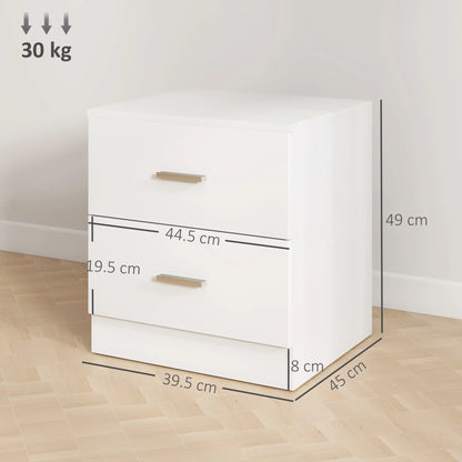 HOMCOM Modern Bedside Table, Beside Cabinet with 2 Drawers for Bedroom, Living Room, White