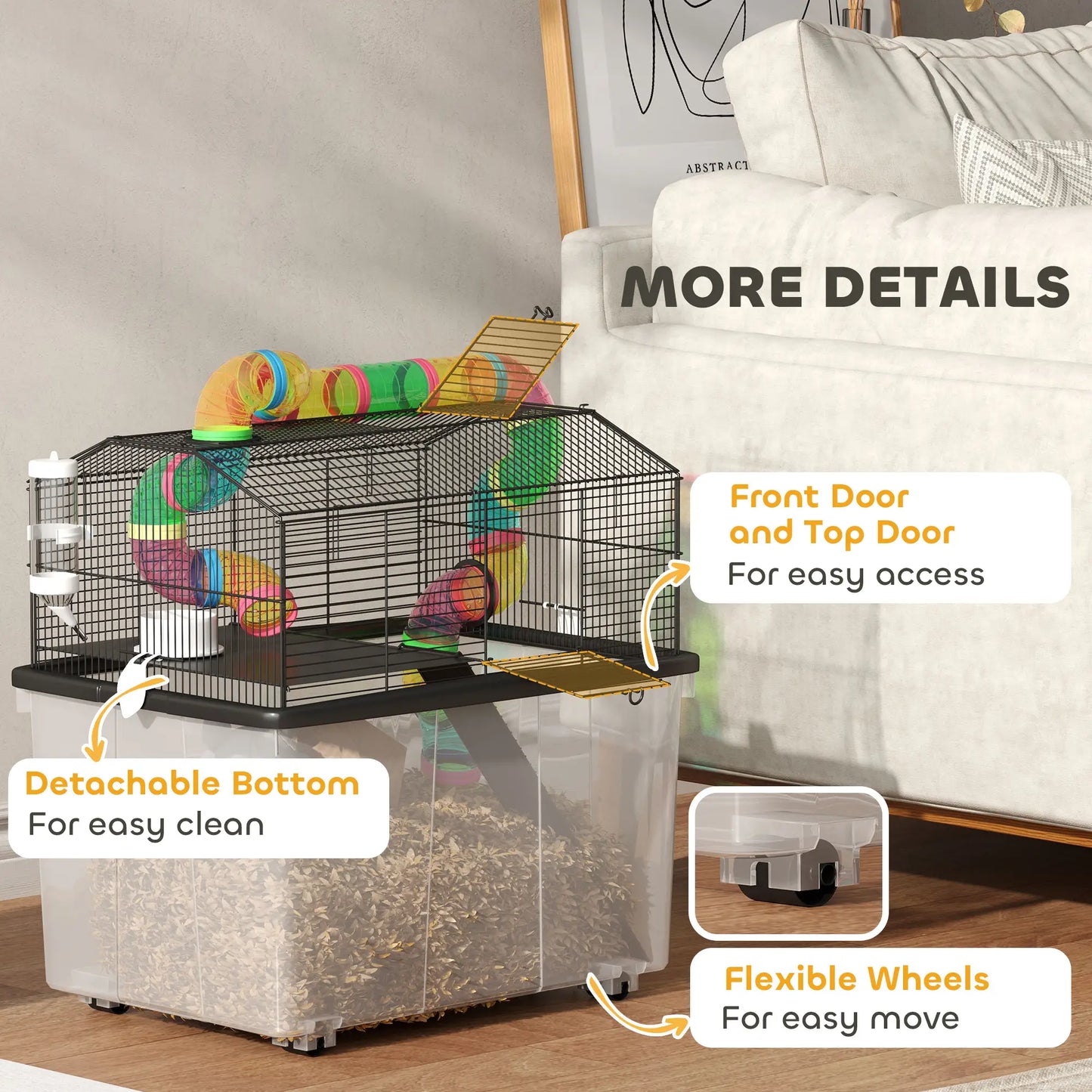 PawHut Two-Tier Hamster Cage with Deep Tray, Tube System, Water Bottle, Ramp, Feeding Bowl, Multicoloured