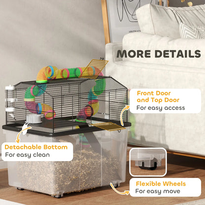PawHut Two-Tier Hamster Cage with Deep Tray, Tube System, Water Bottle, Ramp, Feeding Bowl, Multicoloured