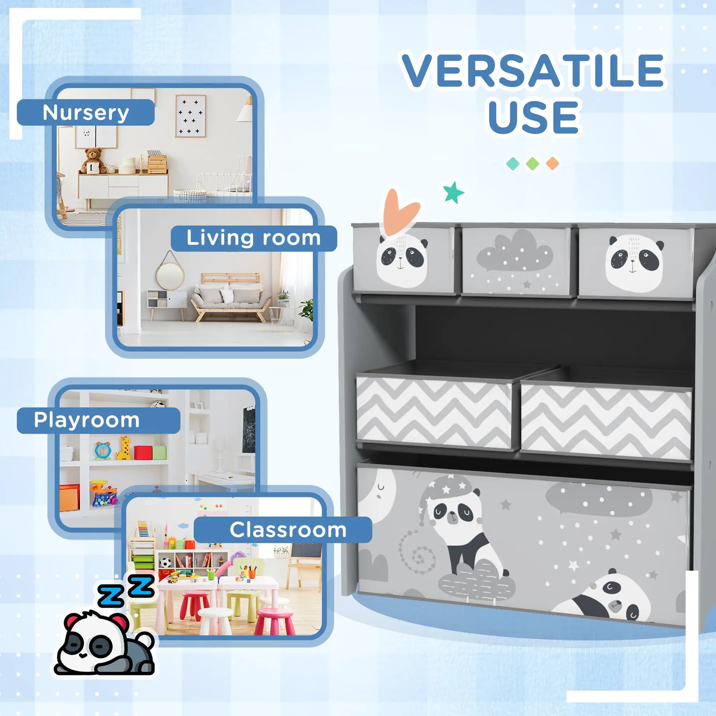 ZONEKIZ Kids Storage Unit, Toy Storage Organiser with Six Fabric Bins for Bedrooms, Playrooms - Grey