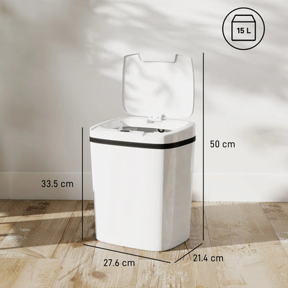HOMCOM 15L Sensor Bin, Automatic Touchless Kitchen Bin, Easy Clean, Battery Operated for Home Office, White