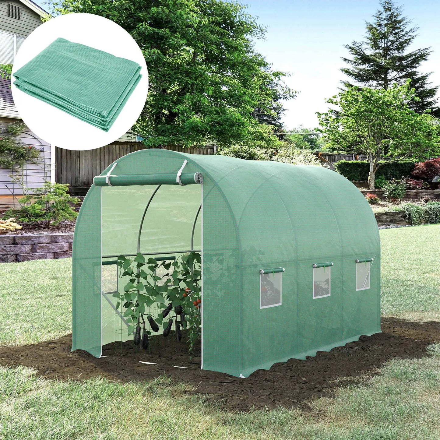 Outsunny Tunnel Walk-in Greenhouse Replacement Cover Winter Garden Plant PE Cover with Roll-up Windows Door Outdoor, Green