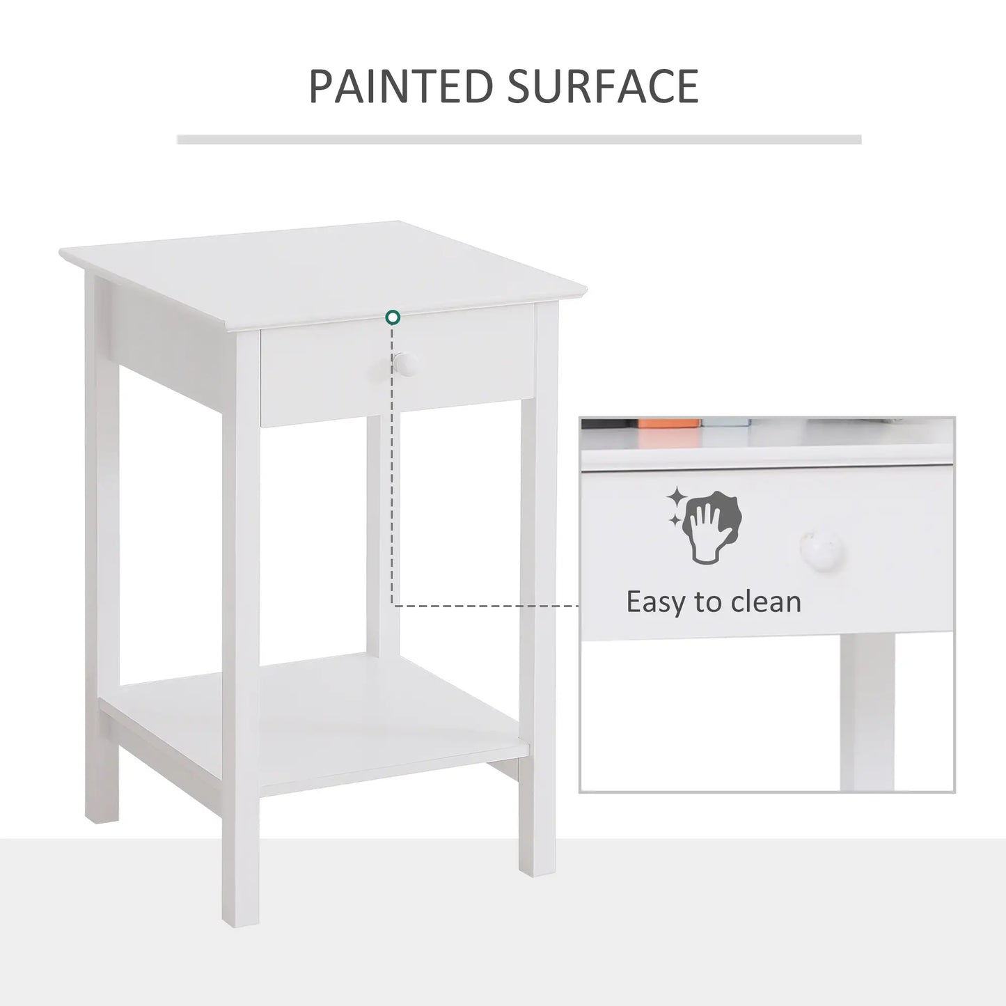 HOMCOM Wooden Side Table, Bedside Cabinet with Drawer and Storage Shelf for Bedroom, White