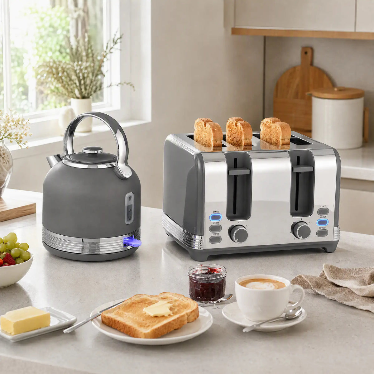 HOMCOM Stainless Steel Fast Boil Cordless Kettle and 4 Slice Toaster Kitchen Set, 1.7L 3000W, Grey