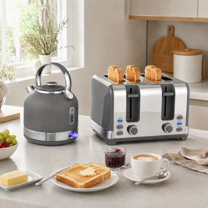 HOMCOM Stainless Steel Fast Boil Cordless Kettle and 4 Slice Toaster Kitchen Set, 1.7L 3000W, Grey
