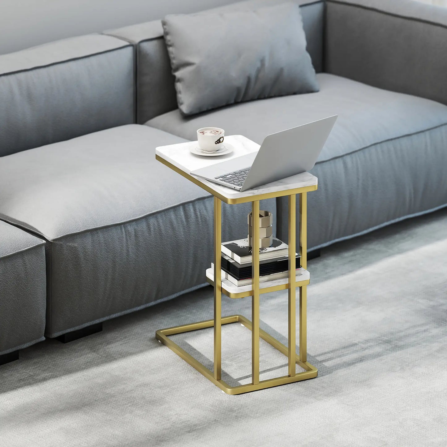 HOMCOM C-Shaped Narrow Side Table, 2-Tier Slim End, Nightstand for Living Room, Bedroom, White Marble Grain