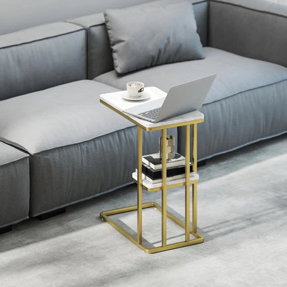 HOMCOM C-Shaped Narrow Side Table, 2-Tier Slim End, Nightstand for Living Room, Bedroom, White Marble Grain