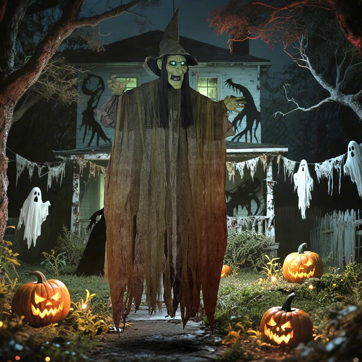 Outsunny 170 cm Hanging Halloween Animated Spooky Witch with Glowing LED Eyes, Scary Halloween Decorations, Battery Operated