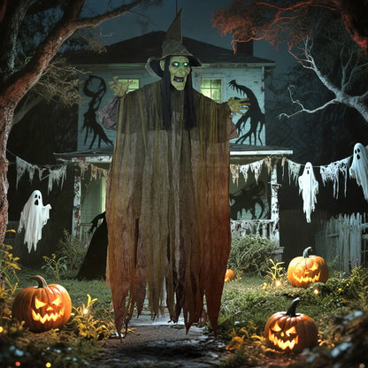 Outsunny 170 cm Hanging Halloween Animated Spooky Witch with Glowing LED Eyes, Scary Halloween Decorations, Battery Operated