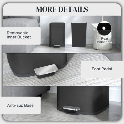 HOMCOM 12L Modern Boxy Metal Home Small Waste Kitchen Bin with Removable Bucket- Black