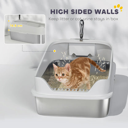 PawHut XL Stainless Steel Cat Litter Box with High Sides & Metal Scoop