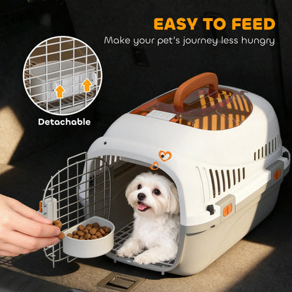 PawHut Plastic Pet Carrier Hard Shell Dog Cat Carrier Max 4 KG Steel Door Feed Bowl, Secure Lock