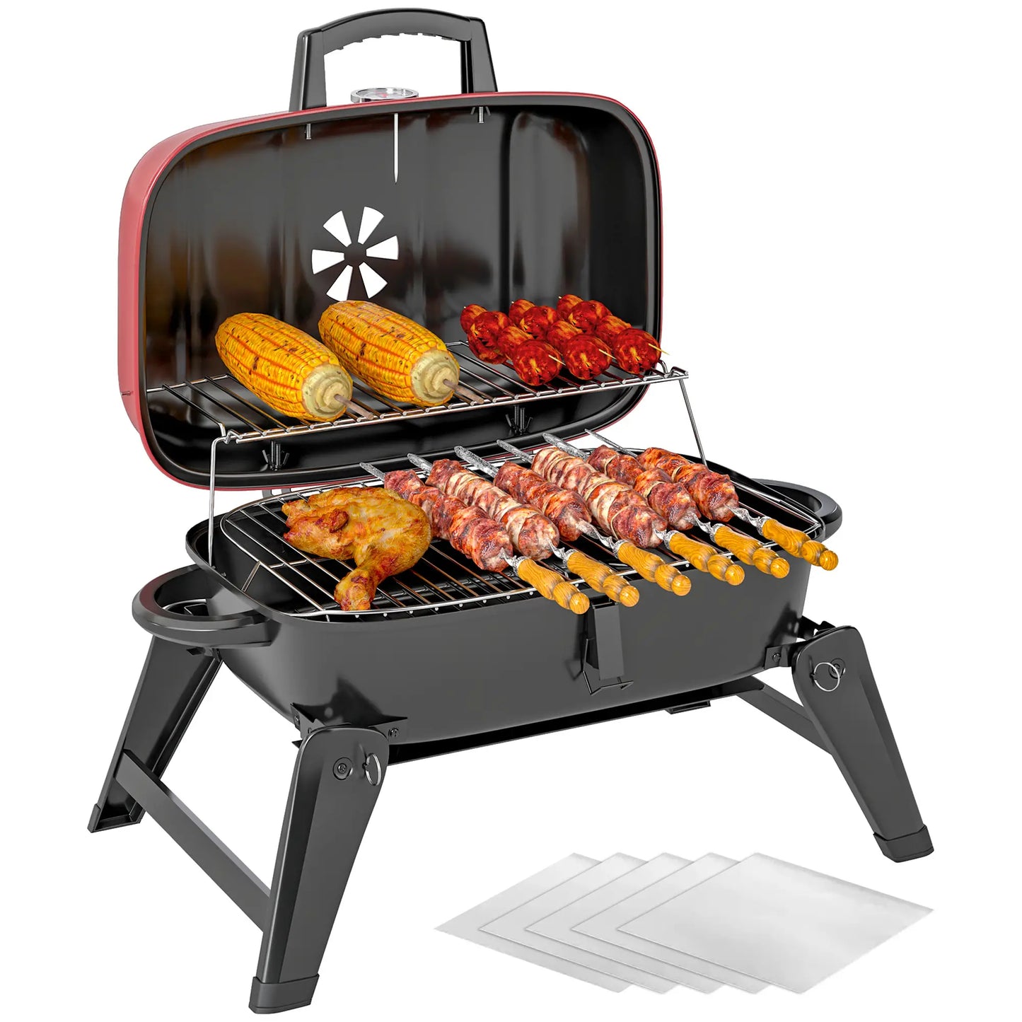 Outsunny Charcoal Barbecue Grill Folding BBQ Grill with Adjustable Vent, Thermometer, Handles for Camping Picnic, Red